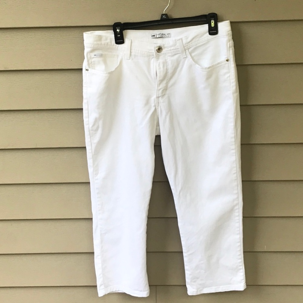 White crops by Lee. Sit just below the waist.